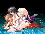  ass bare_shoulders black_hair blonde_hair blush breasts brown_hair green_eyes highres himemiya_chikane japanese_clothes jpeg_artifacts kannazuki_no_miko kurusugawa_himeko long_hair miko multiple_girls noritama_(gozen) thigh_grab yuri 