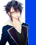  1boy black_hair blue_eyes fushimi_saruhiko glasses k_(anime) long_coat okomochi solo sword weapon 