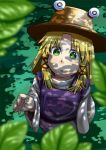  blurry depth_of_field eye_reflection face from_above green_eyes hair_ribbon hands hat leaf looking_up moriya_suwako nature reflection ribbon shade stare symbol-shaped_pupils touhou tree_shade wide_sleeves yuuki_maya 