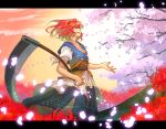  cherry_blossoms cleavage flower hair_bobbles hair_ornament large_breasts onozuka_komachi red_eyes red_hair redhead scythe short_hair solo spider_lily touhou twintails wakky weapon 