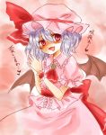  1girl ascot bat_wings blue_hair blush brooch fang hair_ribbon hands_clasped hat jewelry maru_usagi open_mouth puffy_sleeves red_eyes remilia_scarlet ribbon short_hair short_sleeves solo touhou translation_request wings yandere 