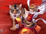  hair_ornament m134 polearm shawl short_hair solo spear tiger toramaru_shou touhou weapon yellow_eyes 