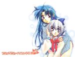  blue_eyes blue_hair bottomless braid chidori_kaname full_metal_panic! hair_ribbon multiple_girls pajamas purple_eyes ribbon school_uniform shikidouji shirt silver_hair teletha_testarossa violet_eyes wallpaper 