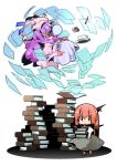  bat_wings blindfold book bubble chibi cup floating head_wings ink koakuma long_hair multiple_girls nose_bubble nyuusankin open_mouth patchouli_knowledge pen plate purple_hair red_eyes red_hair redhead sleeping teacup touhou wings 