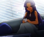  bare_shoulders blue_hair breasts brown_eyes couch dress idolmaster large_breasts long_hair miura_azusa photo_(object) sitting smile solo van-s 