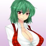  breasts bust cleavage gradient gradient_background green_hair head_tilt huge_breasts kazami_yuuka plaid_vest purple_background red_eyes short_hair smile solo taut_shirt touhou xeqj 