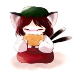  animal_ears biting blush brown_hair cat_ears cat_tail chen chibi closed_eyes eating fang fangs fish food hat highres multiple_tails simple_background skirt solo tail taiyaki touhou wagashi yume_shokunin 
