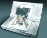  ao_usagi bow brown_eyes brown_hair chin_rest detached_sleeves hair_bow hakurei_reimu hands_clasped hologram interlocked_fingers long_hair minigirl nintendo_3ds nintendo_ds nintendo_ds_lite product_placement smile solo through_screen touhou 