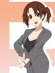  adult breasts brown_eyes brown_hair business_suit cleavage extra face formal fujii_chika hand_on_hip ikari_manatsu k-on! nojima_chika open_mouth short_twintails smile solo suit twintails v wristband 