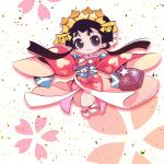  anmitsuhime_(character) black_hair blush brown_eyes character_request hair_ornament japanese_clothes kimono petals sandals smile usoneko 