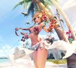  beach bikini bird blonde_hair blue_eyes bracelet flower hair_flower hair_ornament hibiscus jewelry kkuem original palm_tree sarong solo swimsuit tree wind_lift wristband 