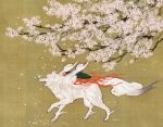  amaterasu cherry_blossoms fire ine_(namichidori) okami petals simple_background tail traditional_media watercolor_(medium) wings wolf 