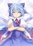  blue_eyes blue_hair bow cirno crossed_arms hair_bow highres kunieda short_hair solo touhou wings 
