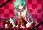  ao_ringo checkered checkered_background food fork fruit green_eyes green_hair hatsune_miku long_hair sitting strawberry striped striped_legwear striped_thighhighs stuffed_animal stuffed_toy teddy_bear thigh-highs thighhighs twintails very_long_hair vocaloid 