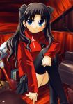 bakutendo black_hair blue_eyes box fate/hollow_ataraxia fate/stay_night fate_(series) hair_ribbon highres in_box in_container kaleidostick ribbon sitting skirt solo stuffed_animal stuffed_toy thigh-highs thighhighs toosaka_rin twintails wand zettai_ryouiki 