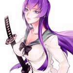  bow breasts busujima_saeko cleavage highschool_of_the_dead katana lips long_hair purple_hair school_uniform serafuku solo sword tamachi_kuwa weapon 