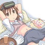  brown_eyes brown_hair drink glass head_mounted_display lying midriff misaka_imouto monsterheart navel potato_chips school_uniform shirt_lift shirt_up short_hair sweater_vest to_aru_majutsu_no_index tray 