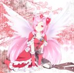  alternate_costume angel_wings ayamoto boots bow cherry_blossoms cure_angel cure_passion dress earrings flower fresh_precure! head_wings heart higashi_setsuna jewelry kneeling long_hair magical_girl petals pink_hair pouch precure red_eyes solo tiara tree wings 