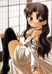  bakutendo bare_shoulders bed black_hair blue_eyes blush breasts fate/stay_night fate_(series) highres long_hair solo thigh-highs thighhighs toosaka_rin 