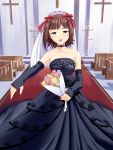  bad_id bare_shoulders black_dress bouquet bridal_veil bride brown_hair choker church cross dark_bride dark_haruka dress elbow_gloves fingerless_gloves flower gloves green_eyes hair_ribbon heart idolmaster jiyuuyuu ribbon solo veil wedding_dress 