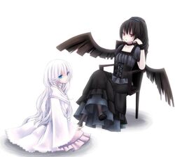  black_hair blue_eyes bored chair corset dress lolita_fashion long_hair moemon pantyhose personification pokemon pokemon_(game) pokemon_black_and_white red_eyes reshiram simple_background sitting stocking white_hair wings zekrom 