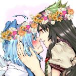  blush cirno face flower hand_on_another's_face hand_on_face head_wreath incipient_kiss multiple_girls nanami_(artist) profile reiuji_utsuho sweat sweatdrop touching touhou wreath yuri 