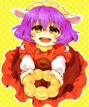  animal_ears asa_fuyu doughnut kemonomimi_mode purple_hair short_hair solo touhou yasaka_kanako yellow_eyes 