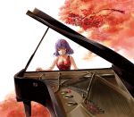  album_cover alternate_costume cover formal grand_piano instrument kyuu_umi leaf maple_leaf piano purple_hair red_eyes short_hair solo touhou yasaka_kanako 