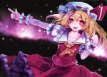  blonde_hair childofa fang fangs flandre_scarlet hat outstretched_arm pointing ponytail red_eyes short_hair side_ponytail solo touhou wrist_cuffs 