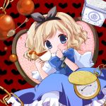  alice_margatroid alice_margatroid_(pc-98) annotated blonde_hair blue_eyes blush bow chain chair dress frilled_dress frills futami_yayoi hair_bow hair_ornament hairband heart highres pocket_watch spoon stopwatch touhou touhou_(pc-98) watch 