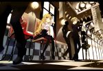  1girl artist_request bad_id blonde_hair cane chair flag hallway hat long_hair mini_top_hat original pantyhose perspective shadow shunsei_(muratou) sitting spanish text top_hat yellow_eyes 