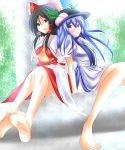  2girls barefoot black_hair blue_hair hakurei_reimu hat hinanawi_tenshi hiroaki_(huruhonya) multiple_girls peach touhou 