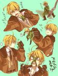  ahoge america_(hetalia) axis_powers_hetalia bad_id blonde_hair blue_eyes circus66 coat fork glasses gloves male miniboy multiple_boys necktie translation_request uniform united_kingdom_(hetalia) 