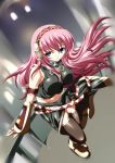  balcony black_thighhighs blue_eyes boots breasts detached_sleeves dress hairband ka2 large_breasts long_hair megurine_luka navel pink_hair solo thigh-highs vocaloid zettai_ryouiki 