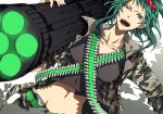  aqua_eyes aqua_hair bad_id bokura_no_16bit_warz_(vocaloid) camouflage collarbone dutch_angle gumi huge_weapon midriff navel open_mouth short_hair solo vocaloid weapon yuki_(fuguneko) 