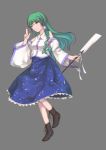 ayasaka bad_id boots cross-laced_footwear detached_sleeves gohei green_hair hair_ornament highres kochiya_sanae lace-up_boots skirt smile solo touhou