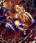  aratama belt blonde_hair bow chain chained cuffs glowing glowing_eyes hair_bow hands highres horns ibuki_suika long_hair open_mouth orange_hair red_eyes solo touhou very_long_hair 
