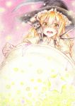  blonde_hair braid cat chen chen_(cat) colored_pencil_(medium) earrings hat highres jewelry kirisame_marisa millipen_(medium) multiple_tails nekotama_(artist) open_mouth star tail touhou traditional_media witch witch_hat yellow_eyes 