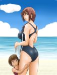 2girls age_difference ass beach braid breasts brown_eyes brown_hair child competition_swimsuit futon_suki hug large_breasts mother_and_daughter multiple_girls ocean one-piece_swimsuit original smile sweat swimsuit towel zabuton