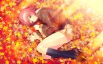  autumn blazer game_cg kanae_(akizora) kneehighs leaf legs loafers long_legs lying on_side red_hair redhead school_uniform shoes skirt socks sunbeam sunlight thighs ueda_ryou 