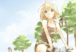  1girl bicycle blonde_hair booota camisole green_eyes hair_ornament hairband hairpin kagamine_rin lamppost short_hair solo tree vocaloid 