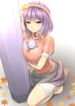  barefoot bloomers breast_hold breast_press breast_squeeze breasts feet huge_breasts kneeling koibumi purple_hair red_eyes short_hair solo touhou yasaka_kanako 