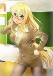  10t 1girl adjusting_glasses bad_id bad_pixiv_id blonde_hair breasts business_suit chalkboard classroom cleavage formal glasses green_eyes hand_on_hip long_hair miniskirt original pantyhose skirt skirt_suit solo suit taupe_pantyhose teacher thighs tongue very_long_hair 