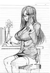  cleavage drain glasses graphite_(medium) large_breasts miniskirt monochrome original sitting sketch skirt smile solo teacher thigh-highs thighhighs traditional_media 