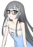  black_hair flat_chest futaba_aoi glasses green_eyes long_hair sketch skinny strap_slip yufu 