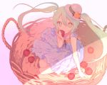  apple bad_id eating face food fruit green_eyes green_hair hat hatsune_miku holding holding_fruit long_hair sitting solo takekono twintails vocaloid 