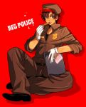  axis_powers_hetalia beret blush boots brown_hair circus66 eating food gloves green_eyes hat looking_at_viewer male pants police police_uniform sitting sleeves_rolled_up solo spain_(hetalia) text uniform 