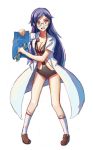  blue_hair doomfest fictional_persona glasses kneehighs labcoat legs loafers long_hair red_eyes self-portrait shoes simple_background socks solo swimsuit wrench 