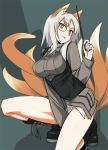  1girl animal_ears blush boots breasts edytha_rossmann fox_ears fox_tail glasses head_tilt knee_boots large_breasts legs multiple_tails naughty_face ningen_(ningen96) no_pants one_knee pointer solo strike_witches tail tongue white_hair yellow_eyes 