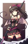  black_hair blush detached_sleeves long_hair open_mouth original red_eyes scythe solo tail thighhighs very_long_hair weapon wings zettai_ryouiki 